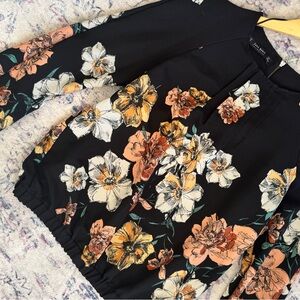 Zara Black Blouse with Cream & Peach Floral Detail